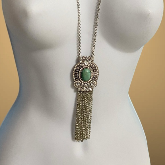 Crystal & Faux Turquoise Cabochon Necklace With Chain Dangles - Picture 5 of 9